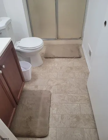 a bathroom with a toilet and a rug