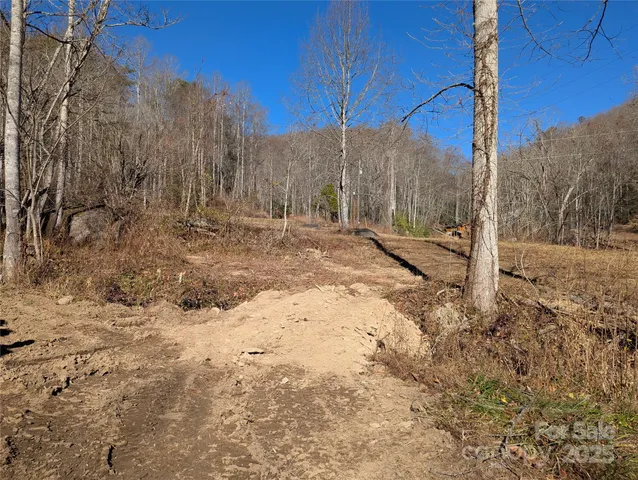 a view of a yard with wooden fence