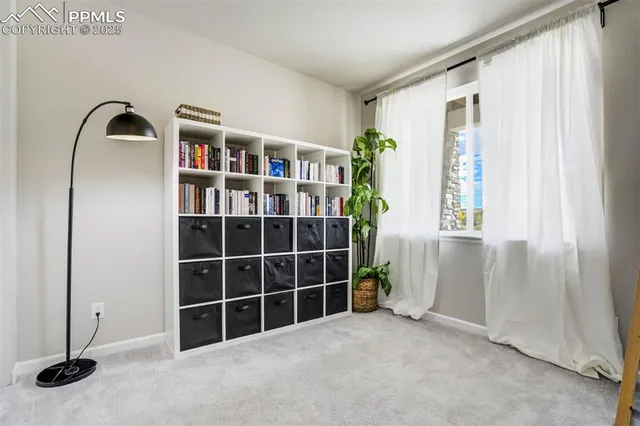 a view of empty room with windows and cabinet