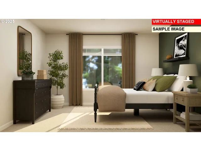 a bedroom with a bed and a painting on the wall