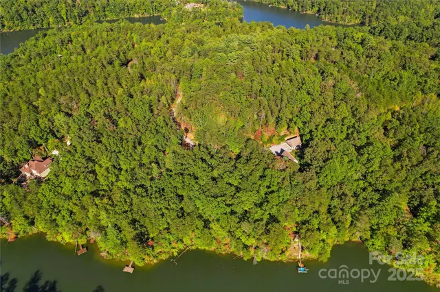 a view of a lake with a garden