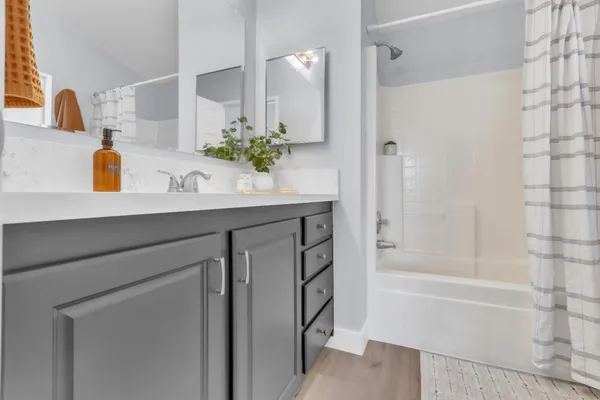 a bathroom with a sink and a mirror