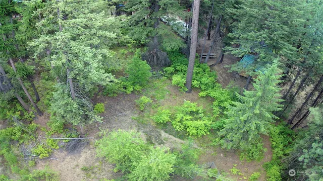 an aerial view of backyard with green space