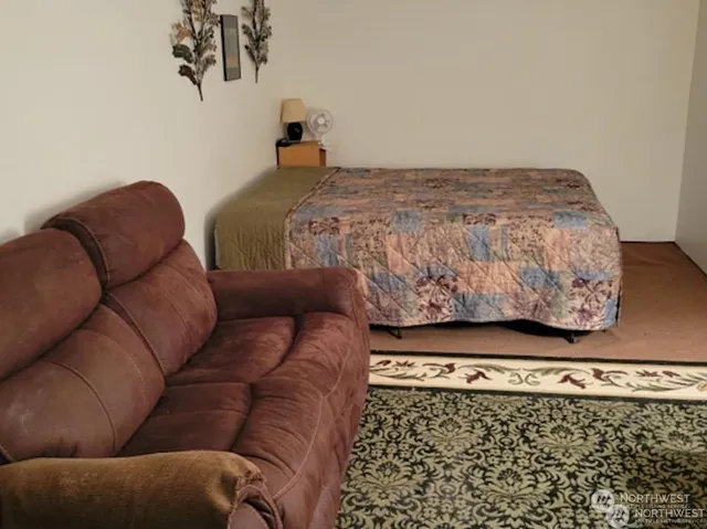 a bed room with furniture and a rug