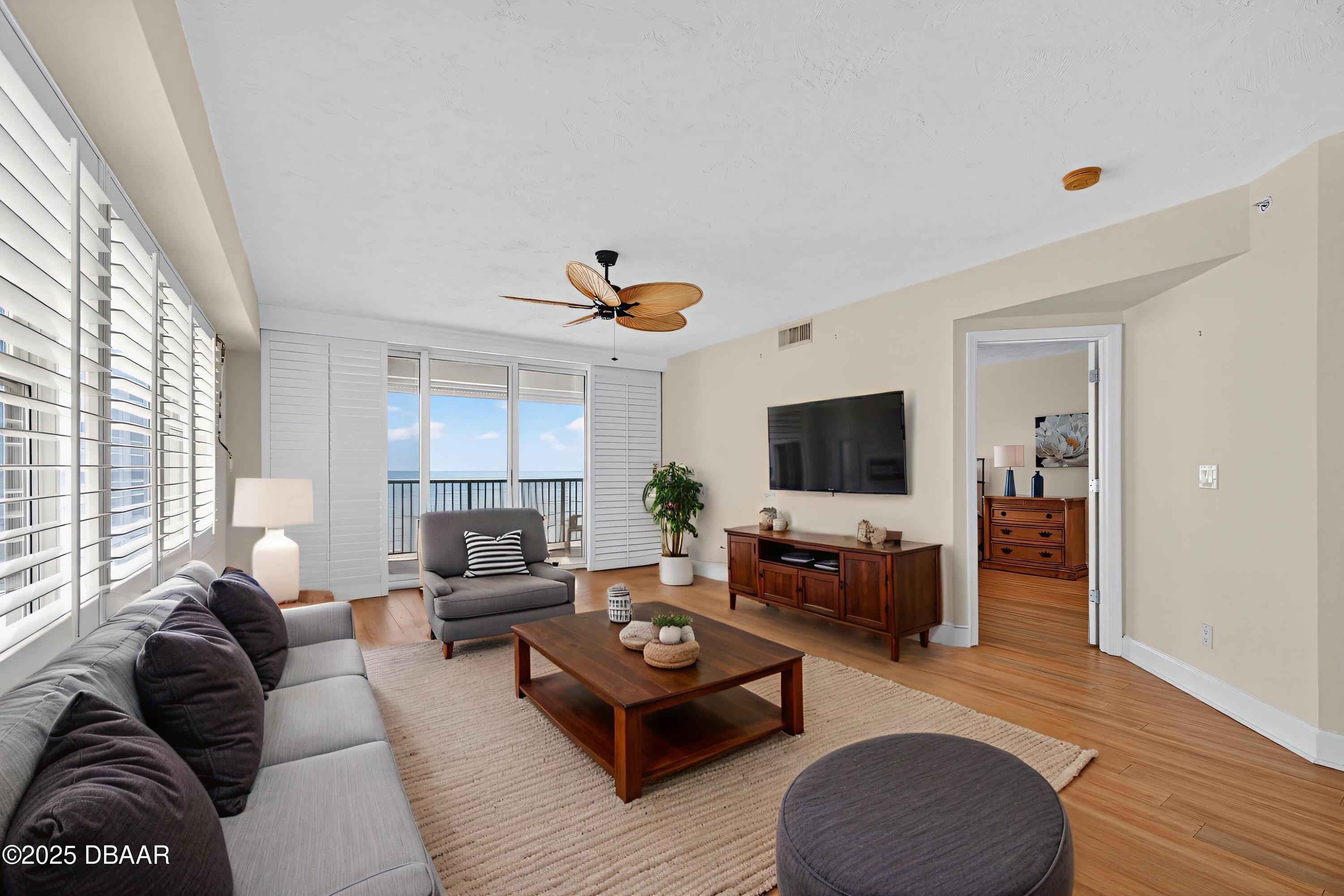 4555 South Atlantic Avenue, Unit 4603 Ponce Inlet, FL 32127 - Photo 12 of 39 a living room with furniture and a flat screen tv