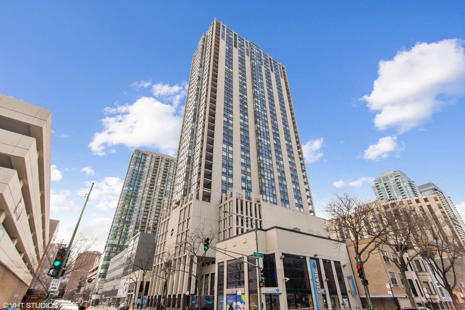 a view of a multi story buildings