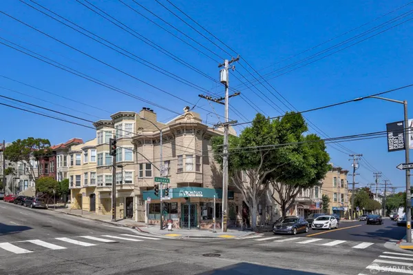 a view of a building and a street