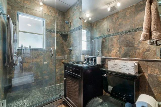 a bathroom with a granite countertop sink a toilet and shower