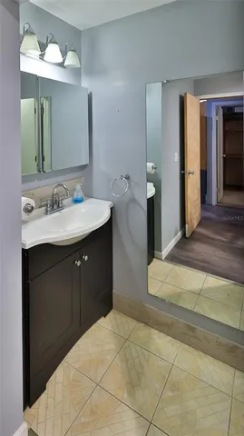 a bathroom with a sink and a mirror