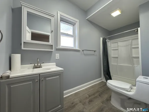 a bathroom with a sink a toilet and shower