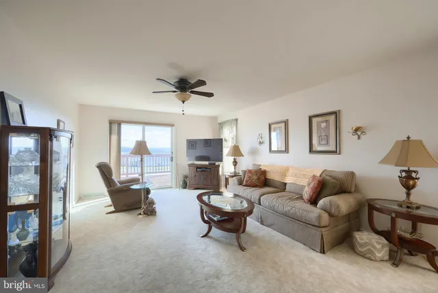 a living room with furniture a fireplace and a large window