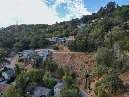 an aerial view of residential houses with outdoor space and trees