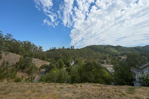 a view of a city with lush green forest