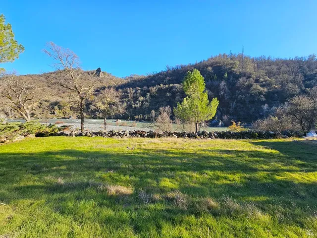 a view of a yard with a building in the background
