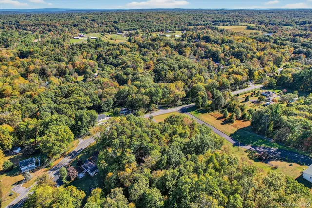 an aerial view of residential houses with outdoor space and trees