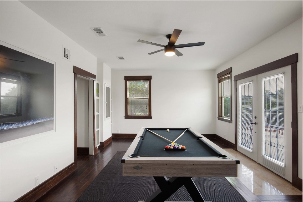 11209 Southwest Oaks Austin, TX 78737 - Photo 14 of 34 Playroom with billiards, dark wood-type flooring, and ceiling fan