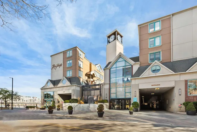a front view of a building with street