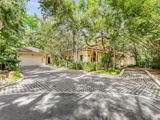 a view of a yard with plants and trees