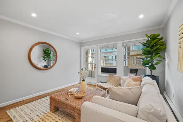 a living room with furniture a table and a potted plant