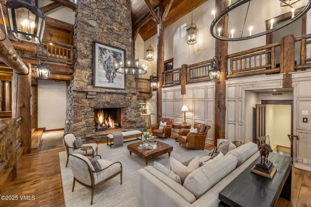 a view of a building with couches and a fireplace