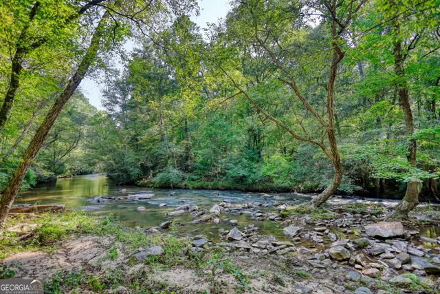 a view of a water pond with green space