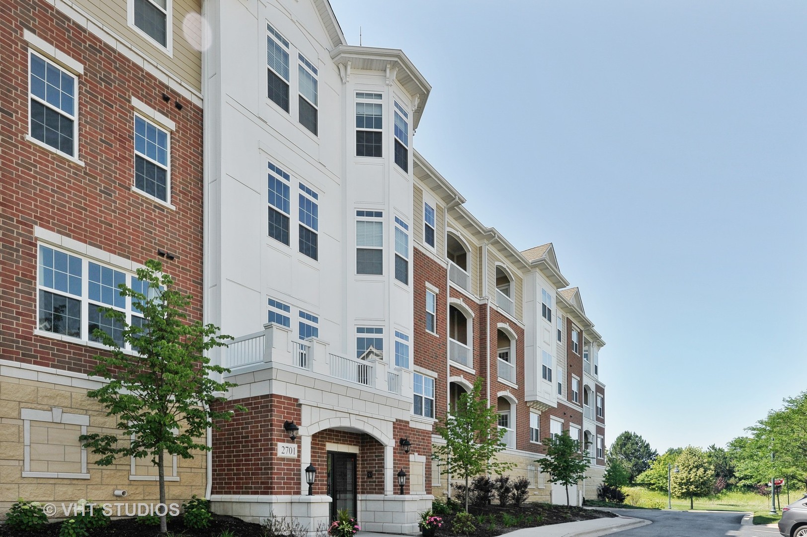 a front view of a multi story building