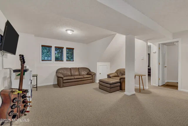 a living room with furniture gym equipment and a flat screen tv