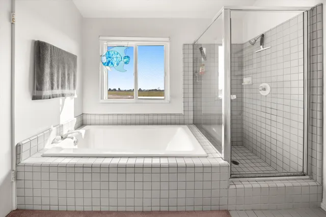 a bathroom with a bathtub and a shower