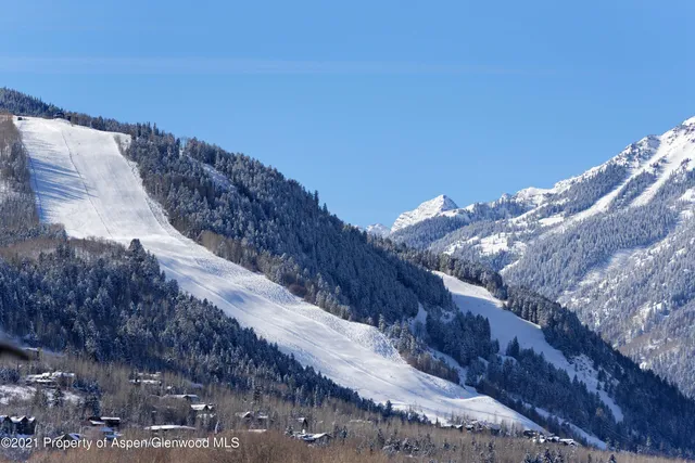 a view of a dry yard with a mountain in the background