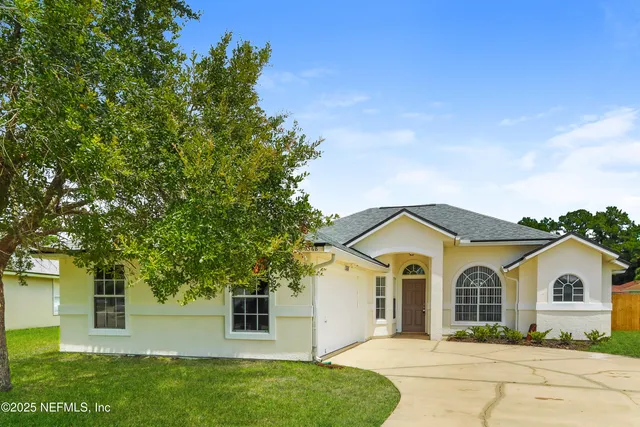 a view of a yard in front of a house with plants and large tree