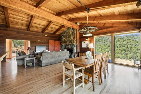 a living room with furniture a fireplace and a large window