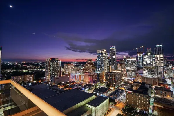 a city view with tall buildings