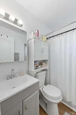 a bathroom with a sink a toilet and a mirror