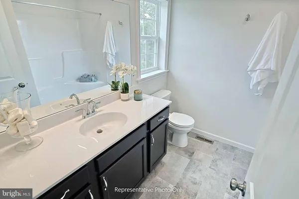 a bathroom with a sink a toilet and a large mirror