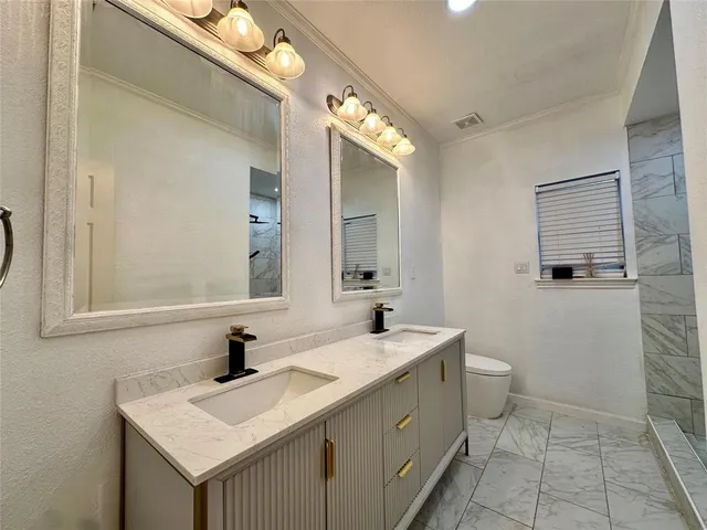 a bathroom with a sink toilet and mirror