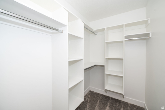 46 West 460 Smithfield, UT 84335 - Photo 19 of 31 Walk-in closet featuring white built-in shelving, multiple hanging rods, and dark patterned carpeting
