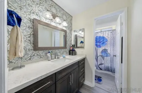 a bathroom with a sink a mirror and a shower