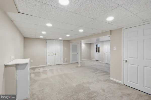 a view of a park with large trees