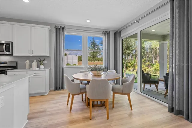 a view of a dining room with furniture window and wooden floor