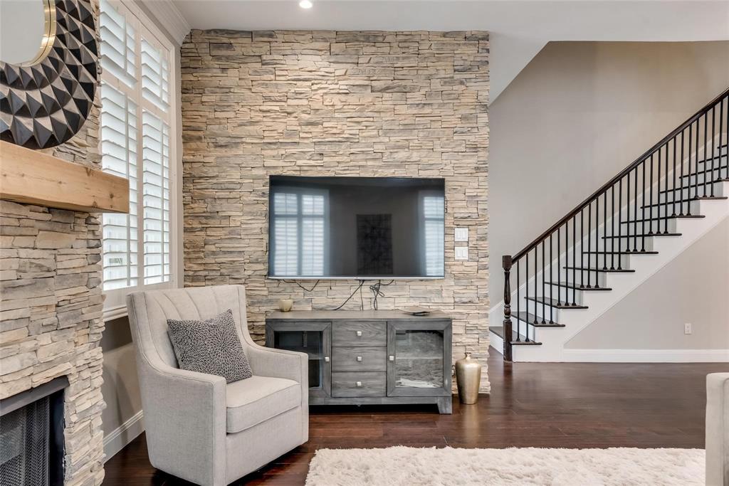 2902 North Pearl Street Dallas, TX 75201 - Photo 13 of 36 Living room featuring baseboards, a fireplace, wood finished floors, and stairs