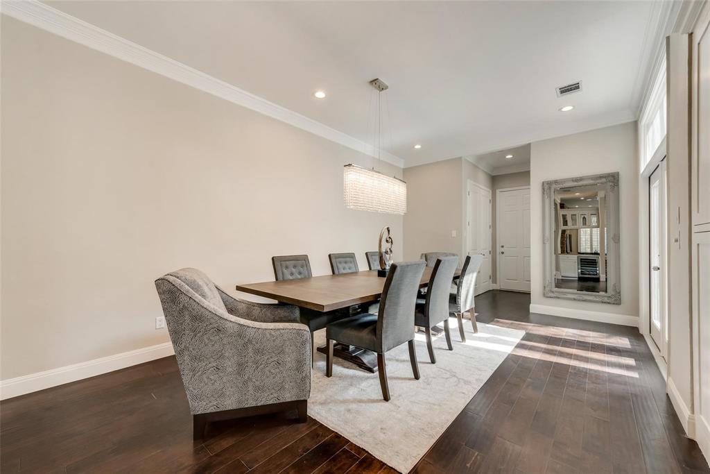 2902 North Pearl Street Dallas, TX 75201 - Photo 15 of 36 Dining room featuring baseboards, recessed lighting, crown molding, and dark wood finished floors
