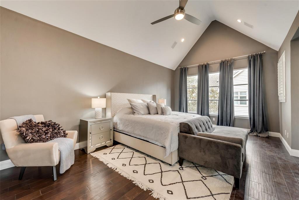 2902 North Pearl Street Dallas, TX 75201 - Photo 27 of 36 Bedroom featuring baseboards, visible vents, ceiling fan, and wood finished floors
