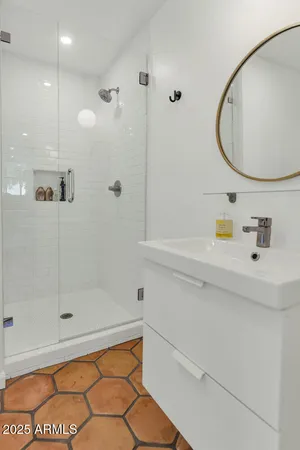 a bathroom with a sink a mirror and a shower