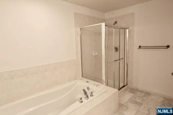a bathroom with a bathtub and a shower