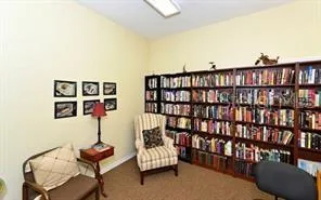 a living room with furniture a rug and a book shelf