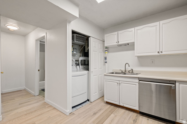 594 850 West Provo, UT 84601 - Photo 22 of 33 Compact kitchen featuring white cabinetry, a double basin stainless steel sink, and a stainless steel dishwasher