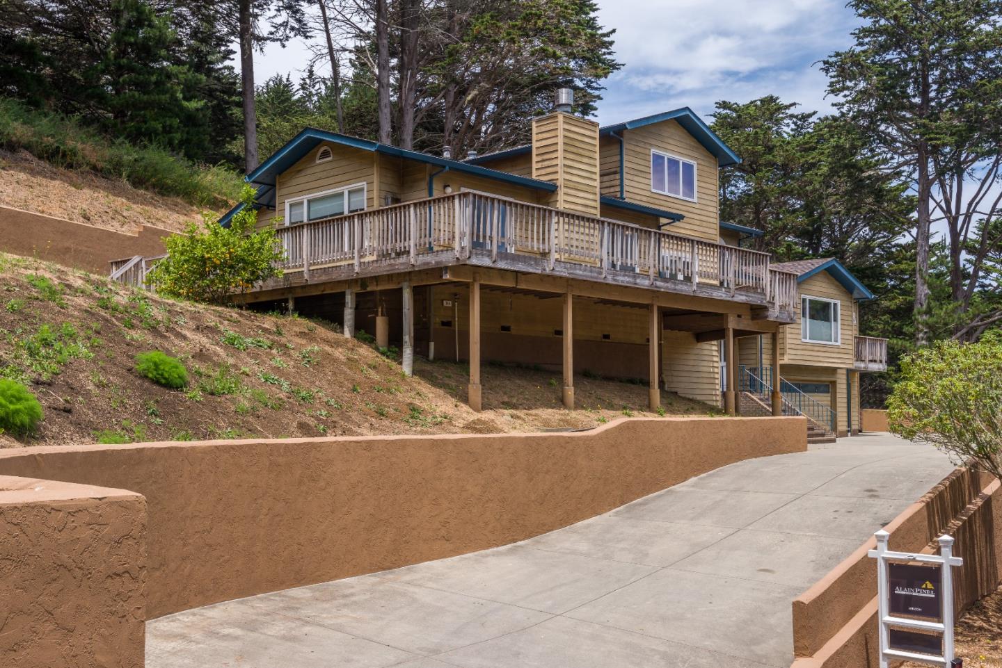 a view of a house with a yard and potted plants
