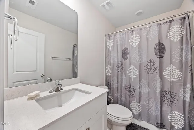 a bathroom with a sink a toilet and shower curtain
