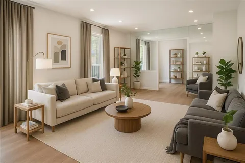 a living room with furniture potted plant and a window