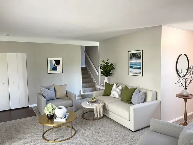 a living room with furniture and a potted plant